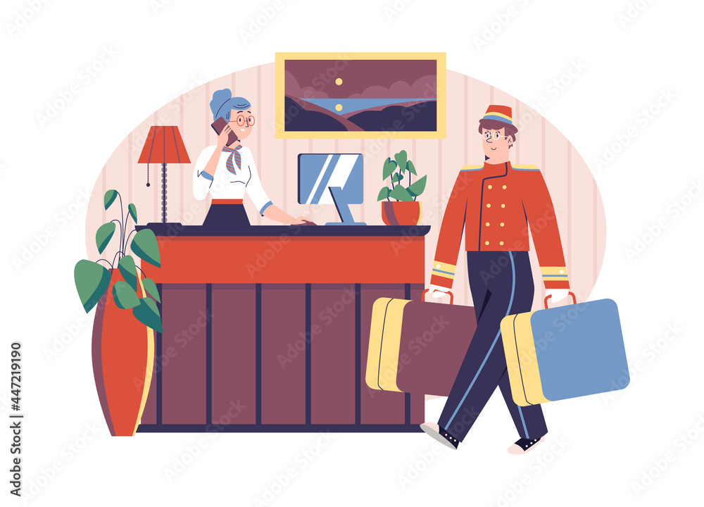 Happy hotel porter and receptionist are waiting at counter in lobby. Happy hotel porter and receptionist are waiting at counter in lobby.