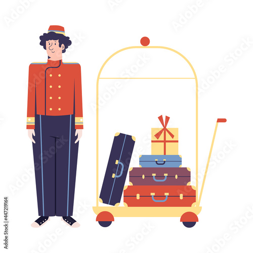 Bellboy character in retro uniform with luggage trolley in flat cartoon style