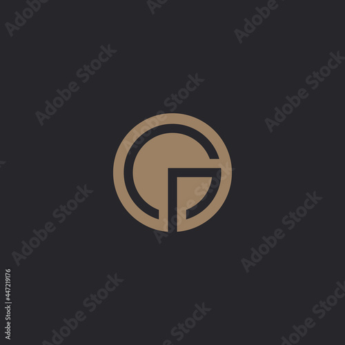 Initial letter GP, PG circle art logo template, gold color on black background.