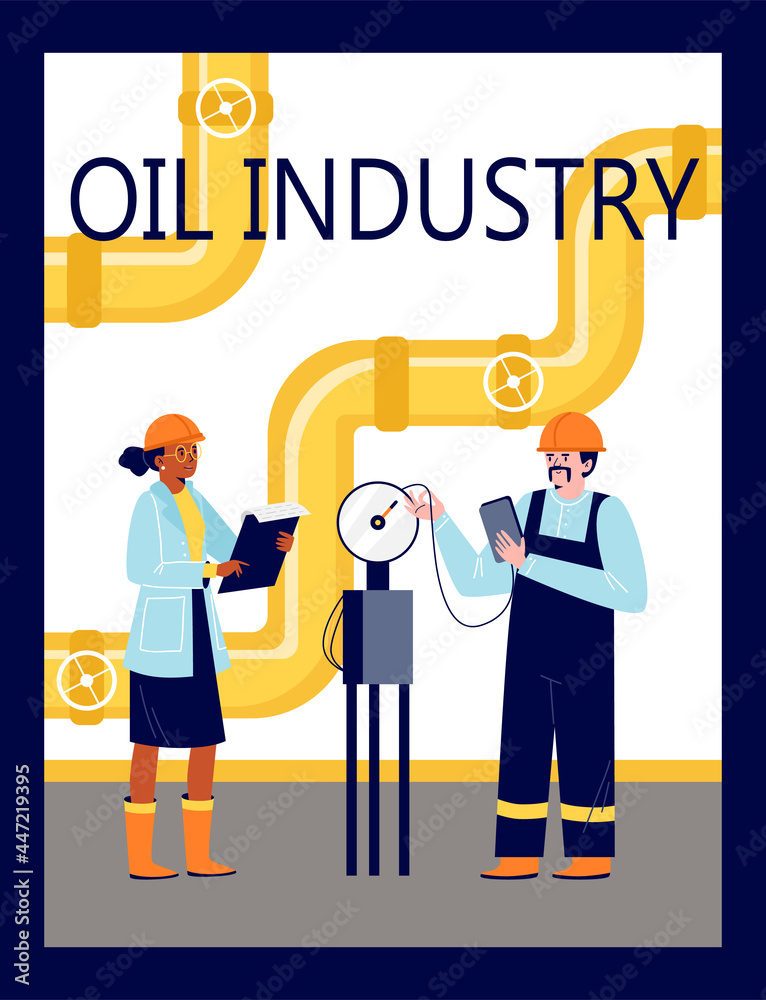 Banner with oil industry or fuel factory engineers, flat vector illustration. Banner with oil industry or fuel factory engineers, flat vector illustration.