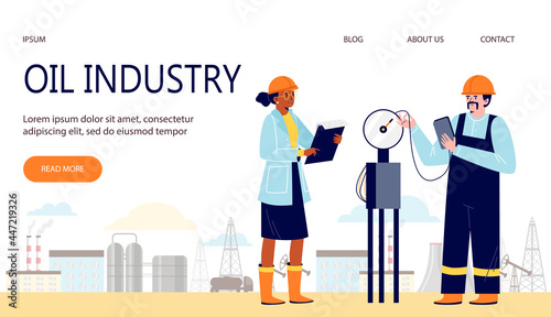 Baner with oilman, gasman on factory check and control worker industry equipment.