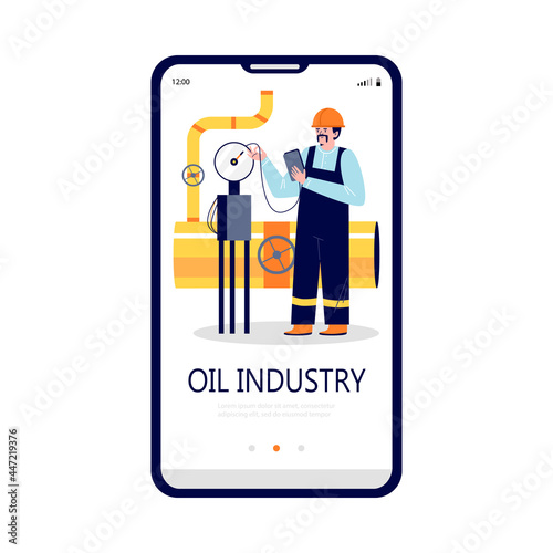 Onboarding start mobile page with oilman checking controlling industry equipment