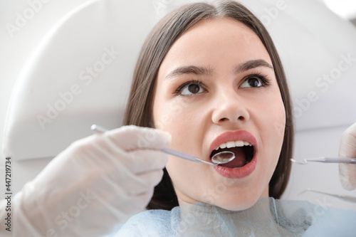 Young woman visiting dentist in clinic  closeup
