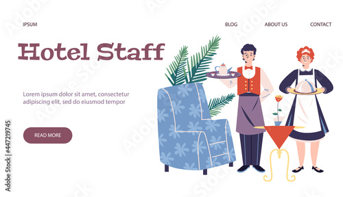 Hotel staff web page mockup with male and female characters of waiter and maid, flat vector illustration isolated on white background. Hotel personnel hiring