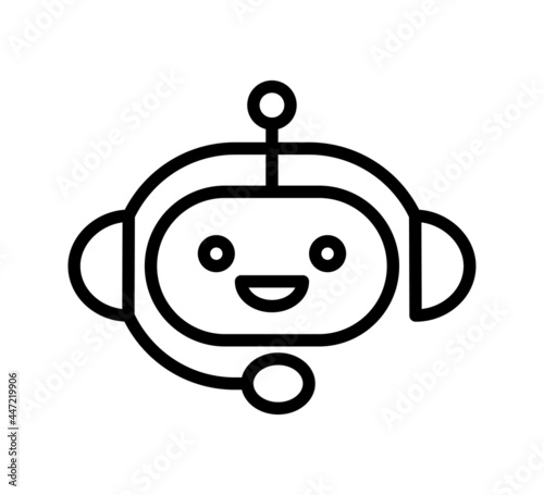 Chatbot linear icon. Support bot. Cute smiling robot with headset. The symbol of an instant response from the support service. Vector illustration isolated on white background. Editable stroke.