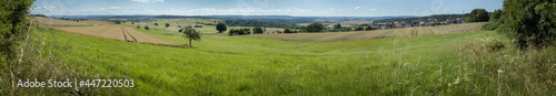 Countryside landscapes at Sauerland. Germany. Hills. Meadows and fields. Panorama.