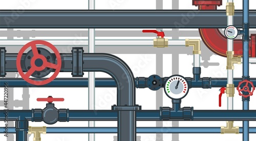 Pipeline. Water fittings. Various purposes. Pressure gauge for measurement... Supply pipeline cock. Illustration isolated on background vector