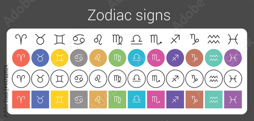 Zodiac signs: aquarius, libra, leo, taurus, cancer, pisces, virgo, capricorn, sagittarius, aries, gemini, scorpio. Astrological calendar collection, zodiacal color vector horoscope