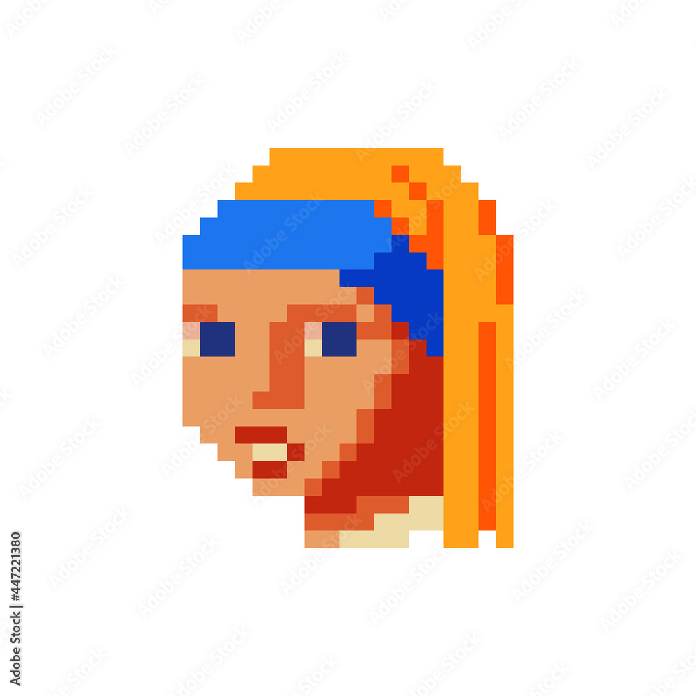 Portrait of a young blonde girl with blue ribbonx in hair  pixel art icon, avatar profile isolated vector illustration. 8-bit sprite. Design element for web, t-shirt, stickers, logo, mobile app.