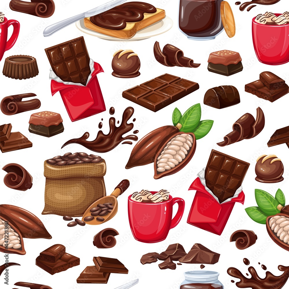 Chocolate seamless pattern, vector illustration. Background with candy, Cocoa Beans, Chips, Chocolate Bar, spred and ets for confectionery products shop. Chocolate seamless pattern, vector illustration. Background with candy, Cocoa Beans, Chips, Chocolate Bar, spred and ets for confectionery products shop.