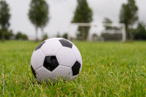 White soccer of football goal post on a grass field of a training ground. © mark_gusev
