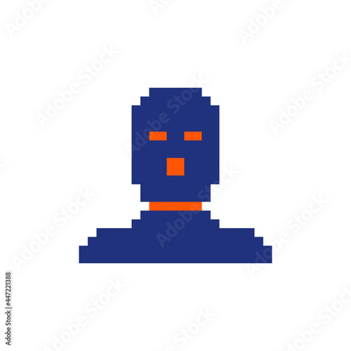 Robber in a mask, male character, bandit. Avatar, portrait, profile picture.  Pixel art. Flat style. Game assets. 8-bit. Isolated vector illustration.  Design for logo, sticker, app.