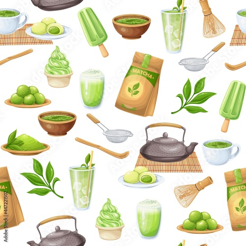 Matcha tea ceremony seamless pattern, vector illustration. Background with Japanese traditional matcha powder green tea, whisk, bamboo spoon, green candy truffles, latte, tea sprig with leaves and ets