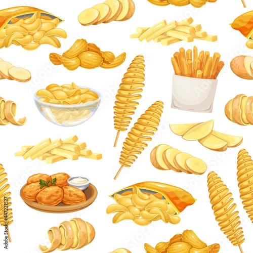 Potato products seamless pattern, vector illustration. Background with chips, pancakes, french fries, root potatoes in cartoon realistic style. Vector illustration of street food vegetables.