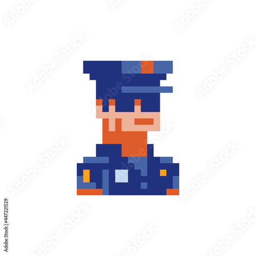Policeman, male character. Avatar, portrait, profile picture. Pixel art. Flat style. Game assets. 8-bit. Isolated vector illustration.  Design for logo, sticker, app.