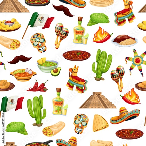 Mexico carnival Cinco de mayo seamless pattern, vector illustration. Background with Mexican cuisine, traditional holiday fiesta food. Pinata, burrito, fajitas, cactus, sombrero, flag and ets