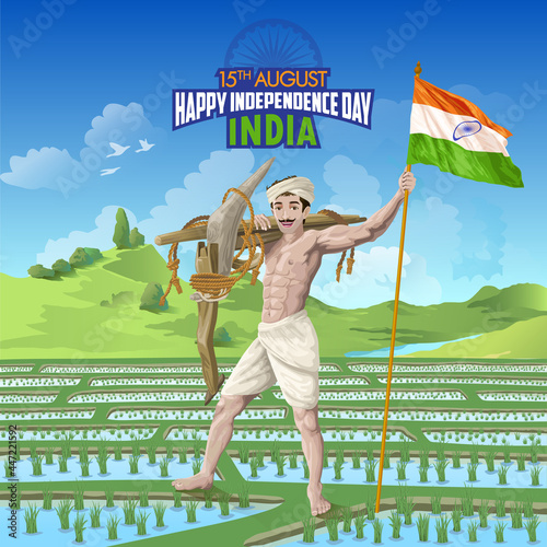 India Independence day wishes with Farmer in Paddy Field holding Indian Flag