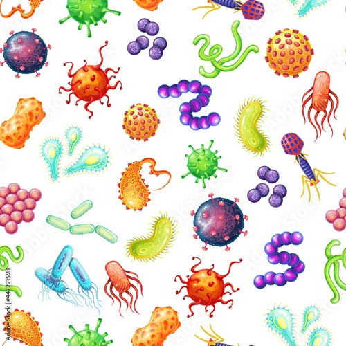 Bacteria and virus seamless pattern, vector illustration. Background with Disease-causing bacterias, viruses and microbes. Germs, coronavirus, prokaryotes, bacteriophage, pathogen hepatovirus