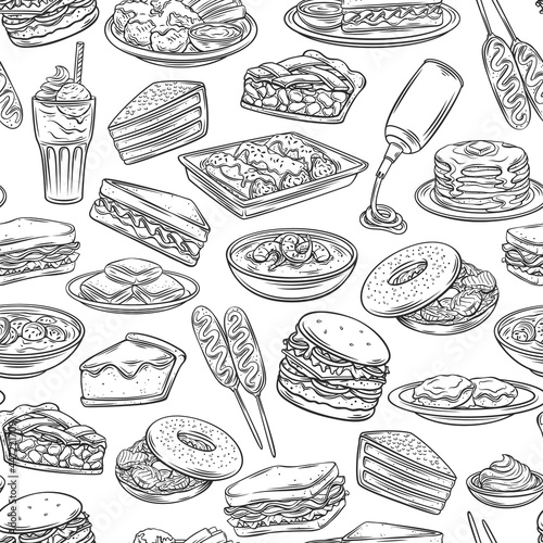 American food outline seamless pattern. Background with drawn monochrome corn dog, clam chowder, biscuits and gravy, apple pie, blt. Red velvet cake, grits, monte cristo, maple, spray cheese and ets