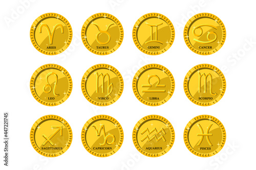 Set of zodiac icons in golden coins.