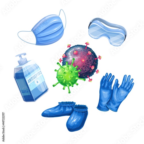 Medical goggles, Blue safety breathing mask, shoe covers, medical latex protective gloves, sanitizer and bacteria germs microorganism virus cell icon. Means of protection vector illustration.