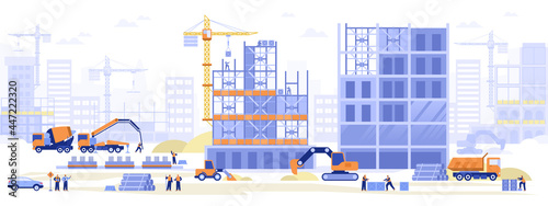 Construction site concept. Builders working on building of house, excavators dig, cranes load blocks, pour concrete from concrete pump, make foundation. Vector illustration scene with tiny characters