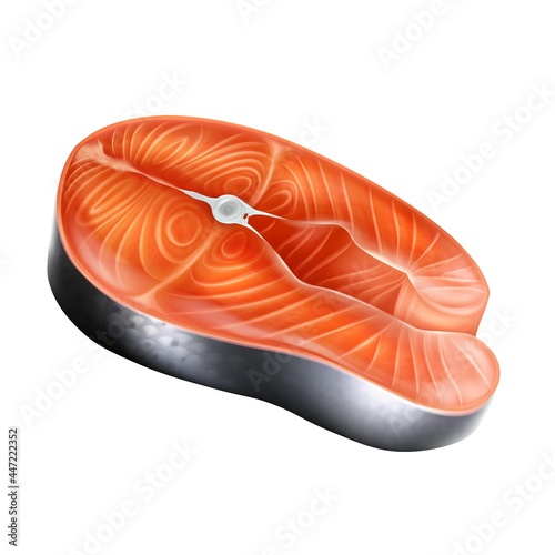 Realistic detailed 3d raw salmon fillet slice steak vector realistic isolated illustration. Fresh fish seafood fillet, trout fresh steak or red fish.