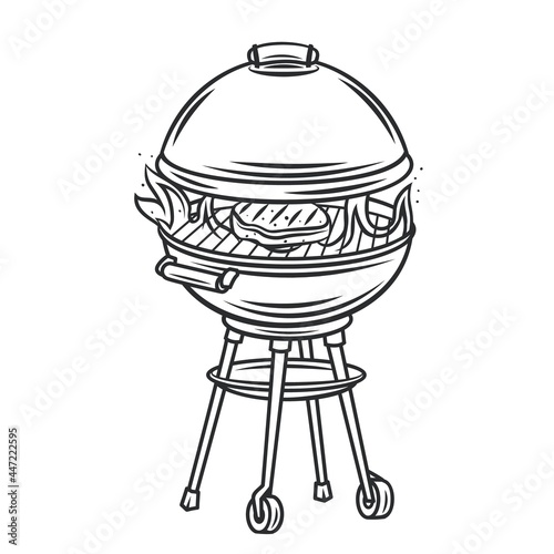 BBQ grill with and steak icon outline vector icon, drawing monochrome illustration. Round kettle barbecue grill.