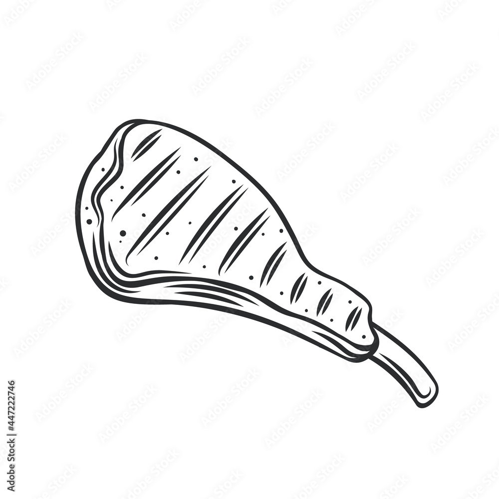 Grilled meat steak with bone icon. Fried entrecote with bone outline vector, drawing monochrome illustration.