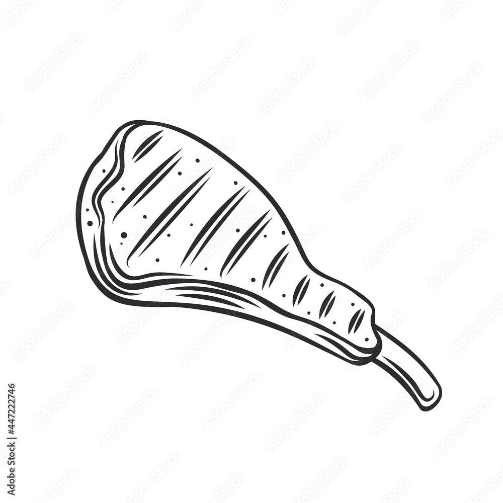 Grilled meat steak with bone icon. Fried entrecote with bone outline vector, drawing monochrome illustration. Grilled meat steak with bone icon. Fried entrecote with bone outline vector, drawing monochrome illustration.