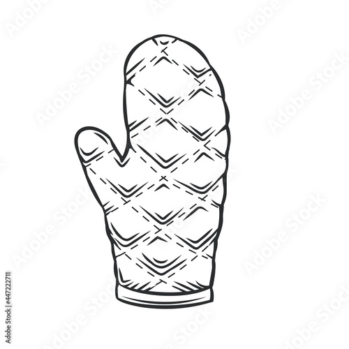 Grill mitt or Kitchen protective oven glove outline vector icon, drawing monochrome illustration.