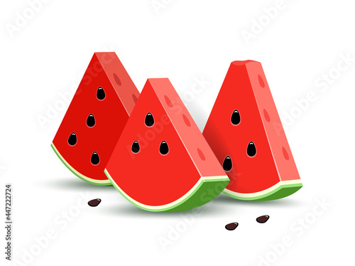 Three watermelon slices with seeds isolated on white background.