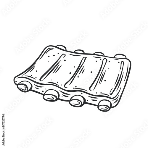Grilled pork ribs outline vector icon, drawing monochrome illustration, BBQ food