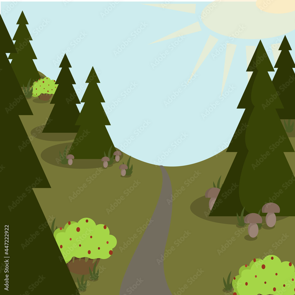 Naklejka premium forest path with mushrooms and berries under the light of the sun