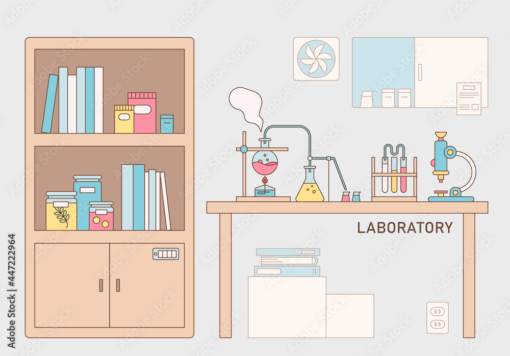 scientific laboratory laboratory. Experimental equipment is placed on the table and there is a bookshelf next to it. outline simple vector illustration. scientific laboratory laboratory. Experimental equipment is placed on the table and there is a bookshelf next to it. outline simple vector illustration.