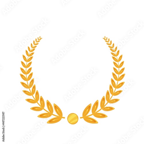 Golden laurel. First place winner, golden award, laurus. Isolated vector icon of golden triumph first place cartoon style.