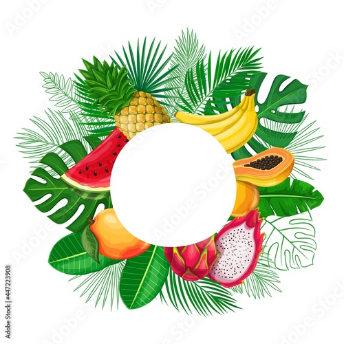 Tropical leaves with exotic fruit frame copy space. Jungle exotic leaf cut round sale poster with outline areca palm, monstera leaves, pitaya, papaya, pineapple, banana, mango and watermelon.
