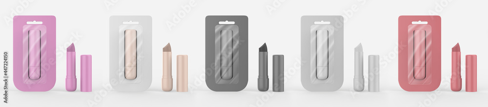 glossy closed and opened lip balm stick realistic hygienic lipstick with cardboard pack set. 3d illustration glossy closed and opened lip balm stick realistic hygienic lipstick with cardboard pack set. 3d illustration