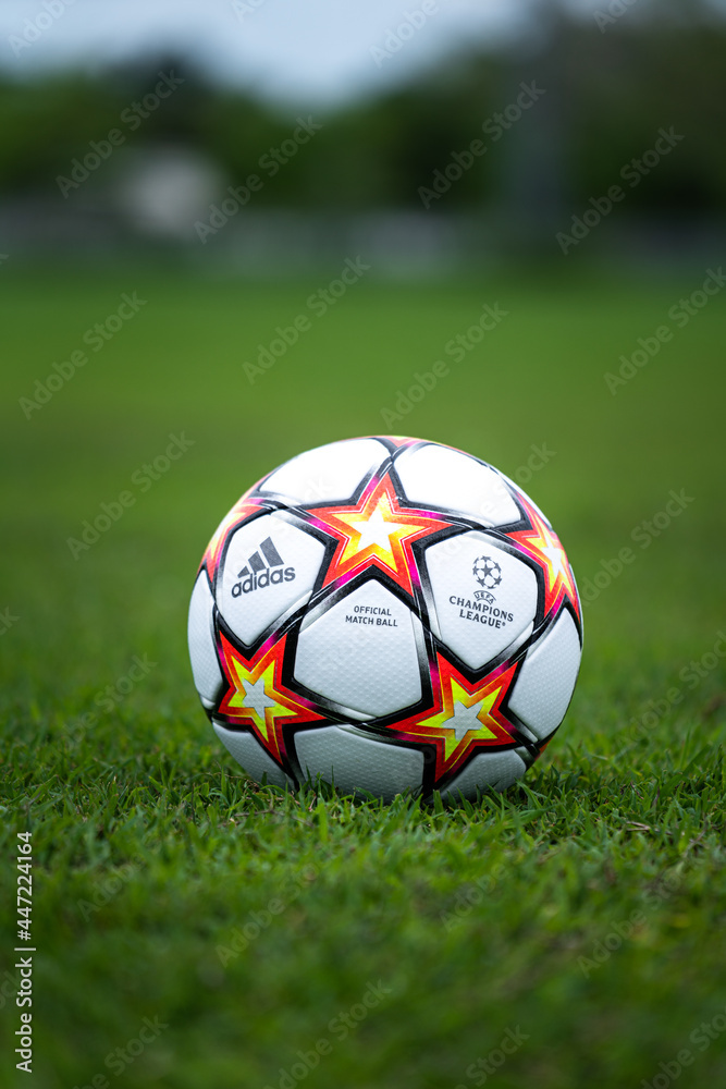 Thailand - July 2021: Adidas launch the new Uefa Champions League (UCL)  official match ball name "Pyrostorm"