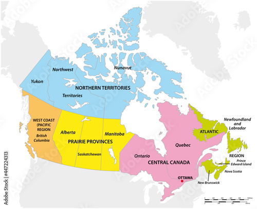 vector map of the five geographic regions of Canada