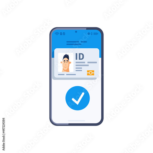flat vector illustration on white background, smartphone and id of young man on screen, identity confirmation