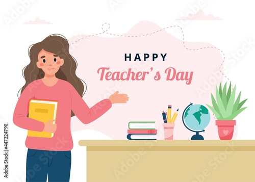 Teacher's day concept. Female teacher in classroom. School and learning. Cute vector illustration in flat cartoon style