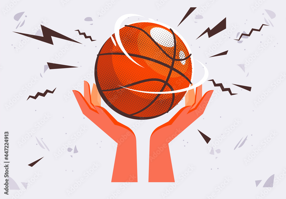 Vector illustration of two hands holding a basketball ball on their palms