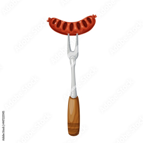 Grilled sausage on fork. Meal of beer festival Oktoberfest, bbq food. Vector illustration.