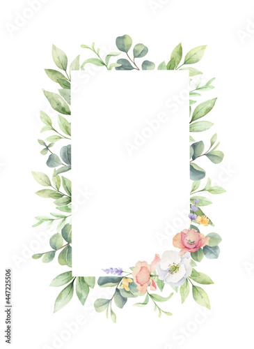 Watercolor vector frame of green branches and wildflowers.