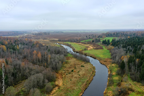 river autumn view from drone forest  landscape panorama aerial view