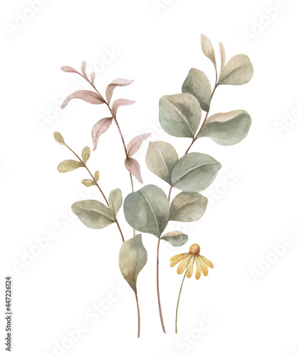 Watercolor vector bouquet of with flowers and leaves.