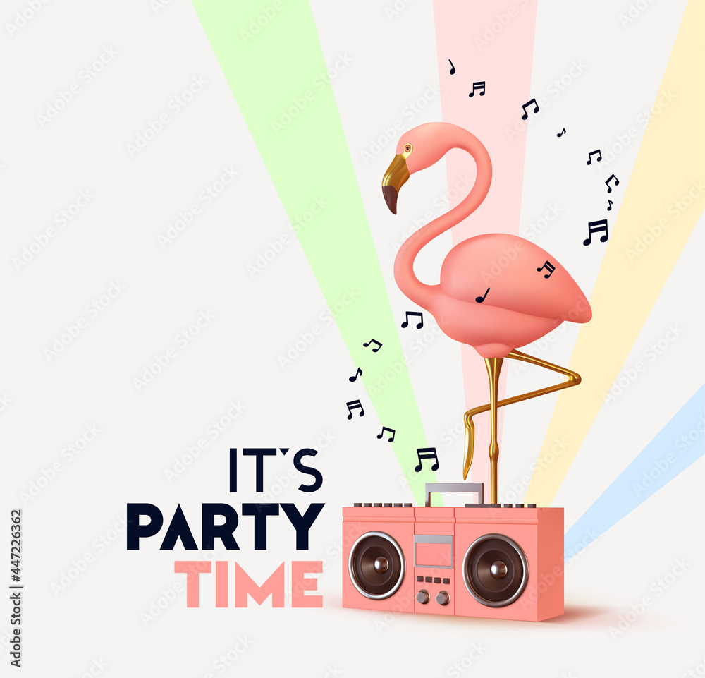 Pink flamingo with retro tape recorder. It's Party time. Realistic 3d  design of objects. Musical summer concept background. Vector illustration  Stock Vector | Adobe Stock