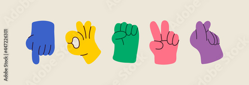 Cartoon hands abstract drawn comic. Set of Hand multicolored different signs and symbols. Drawing style. Vector illustration