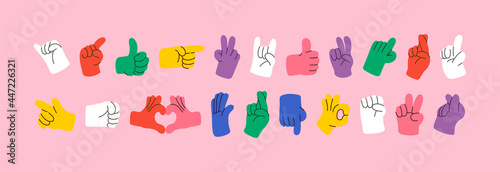 Cartoon hands abstract drawn comic. Set of Hand multicolored different signs and symbols. Drawing style. Vector illustration